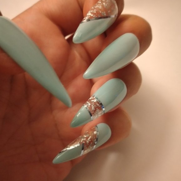 Cyan and clear void space with silver flakes luxury press on nails pPN37 - Picture 3 of 6